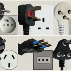 Różne wtyczki i gniazdka elektryczne, w tym gniazdko w Turcji.
