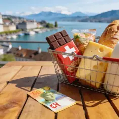 Koszyk z produktami: czekolada, ser, mleko, chleb i pieniądze. Zastanawiasz się, ile kosztuje obiad w Szwajcarii?