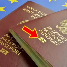 Czerwona strzałka wskazuje symbol chipa na okładce paszportu, pokazując jak wygląda paszport z chipem.
