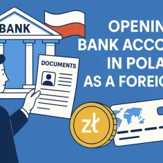 Otwieranie konta w banku w Polsce na paszport jest możliwe. Ilustracja pokazuje mężczyznę z dokumentami przed budynkiem banku, obok moneta i karta płatnicza.