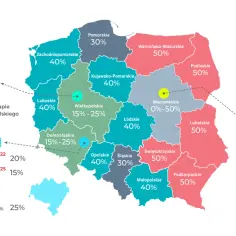 Mapa Polski z zaznaczonymi województwami i ich procentowym udziałem. Widać Poznań, Wrocław i Warszawę.