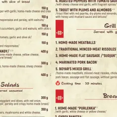 Menu z Bułgarii: przystawki, grill, sałatki i pieczywo. Ceny w restauracjach są zróżnicowane, np. przystawka 150g kosztuje 150 BGN.