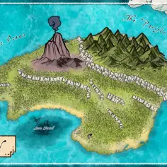Mapa Mako Island, z wulkanem i górami, otoczona przez Pacyfik. Czy wyspa Mako istnieje? Ta mapa sugeruje, że tak!