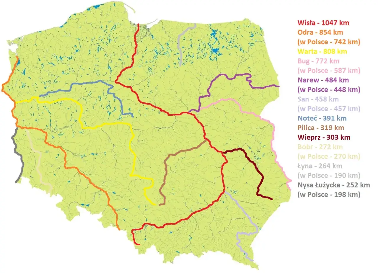 Mapa Polski z zaznaczonymi głównymi rzekami i ich długością. Odra, Wisła, Warta, Bug, Narew, San, Noteć, Pilica, Wieprz, Bug, Łyna, Nysa Łużycka.