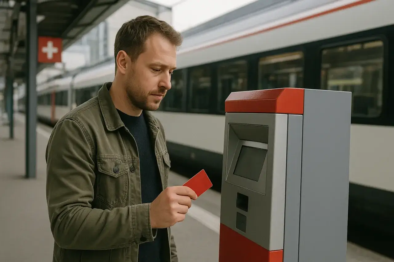 Mężczyzna na dworcu z kartą zbliża się do biletomatu. Czy do Szwajcarii trzeba paszport? Pociąg czeka.