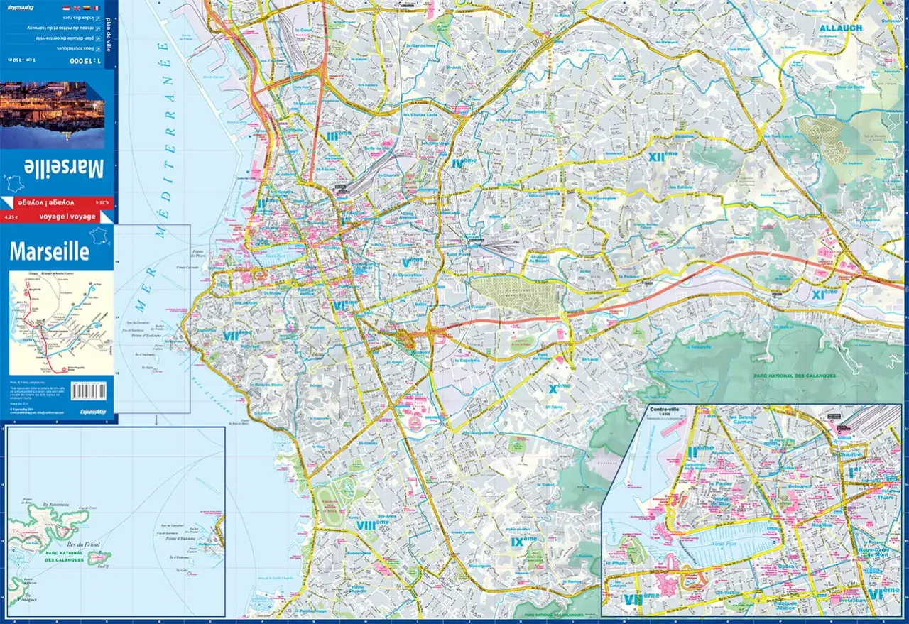 Mapa miasta Marsylia, pokazująca jego położenie nad Morzem Śródziemnym. Widoczne są dzielnice, drogi i parki narodowe.