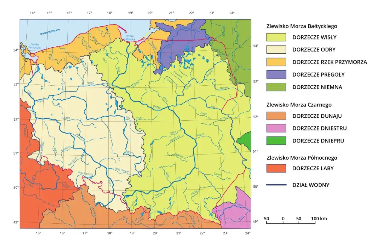 Mapa Polski z zaznaczonymi zlewiskiem Morza Bałtyckiego, Czarnego i Północnego. Widać tu liczne rzeki, m.in. Wisłę, Odrę, Narew, Bug.