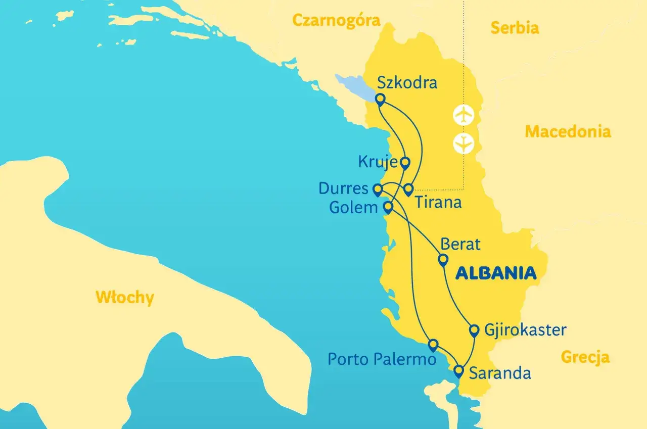 Mapa Albanii z zaznaczonymi miastami i trasami podróży. Albania, choć nie jest jeszcze w Unii Europejskiej, jest celem podróży.
