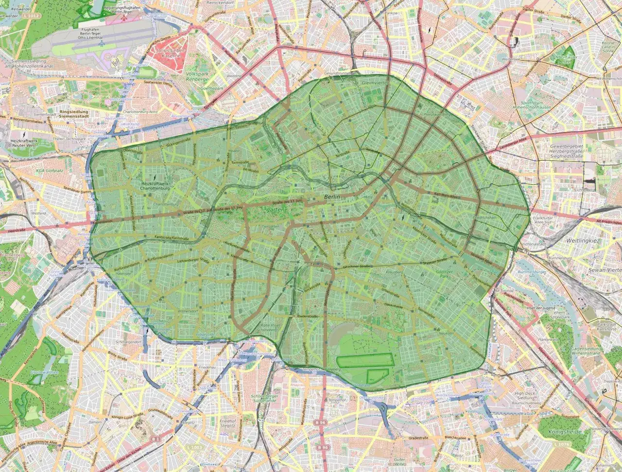 Mapa Berlina z zaznaczonym obszarem Umweltzone. Widoczny wjazd do centrum samochodem.