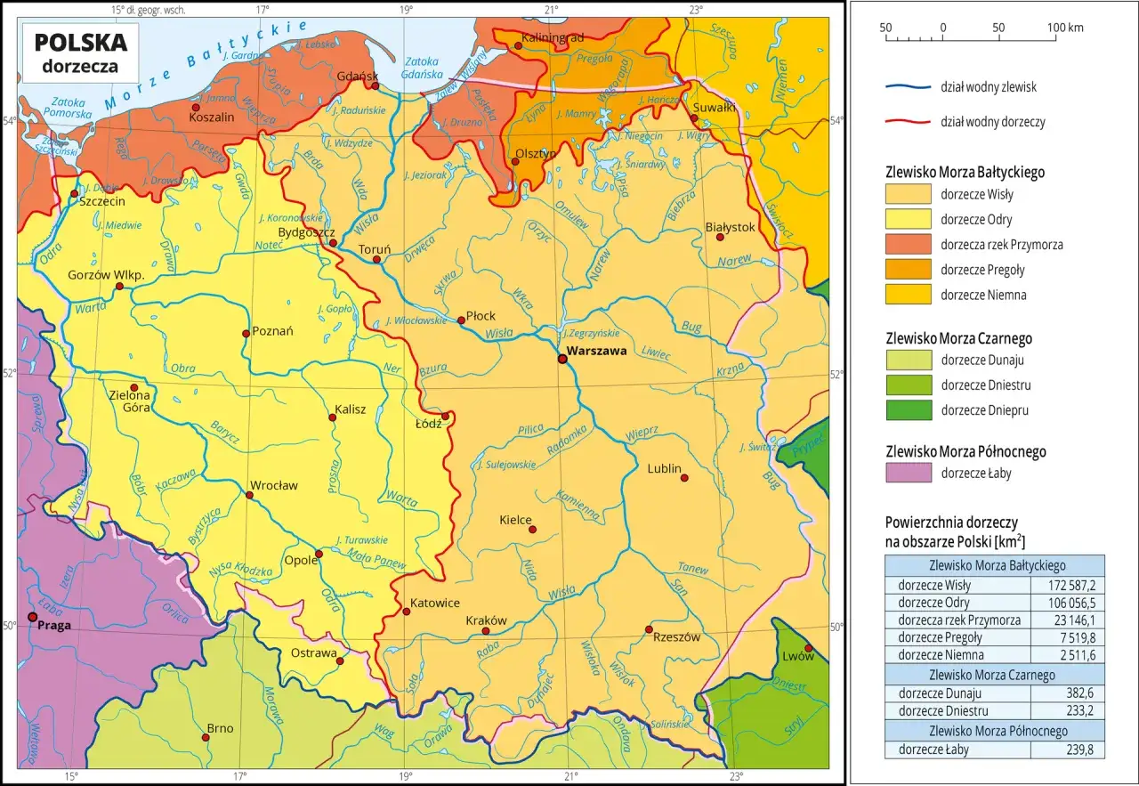 Mapa Polski z zaznaczonymi dorzeczami. Ile jest rzek w Polsce? Mapa pokazuje dorzecza Wisły, Odry, rzek Przymorza, Pregoli, Niemna, Dunaju, Dniestru i Dniepru.