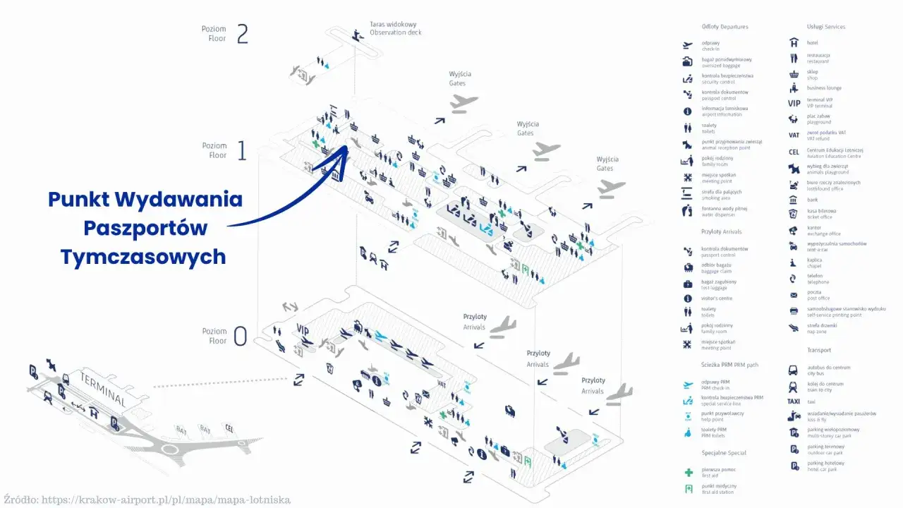 Mapa lotniska z zaznaczonym punktem, gdzie wyrabia się paszport tymczasowy.