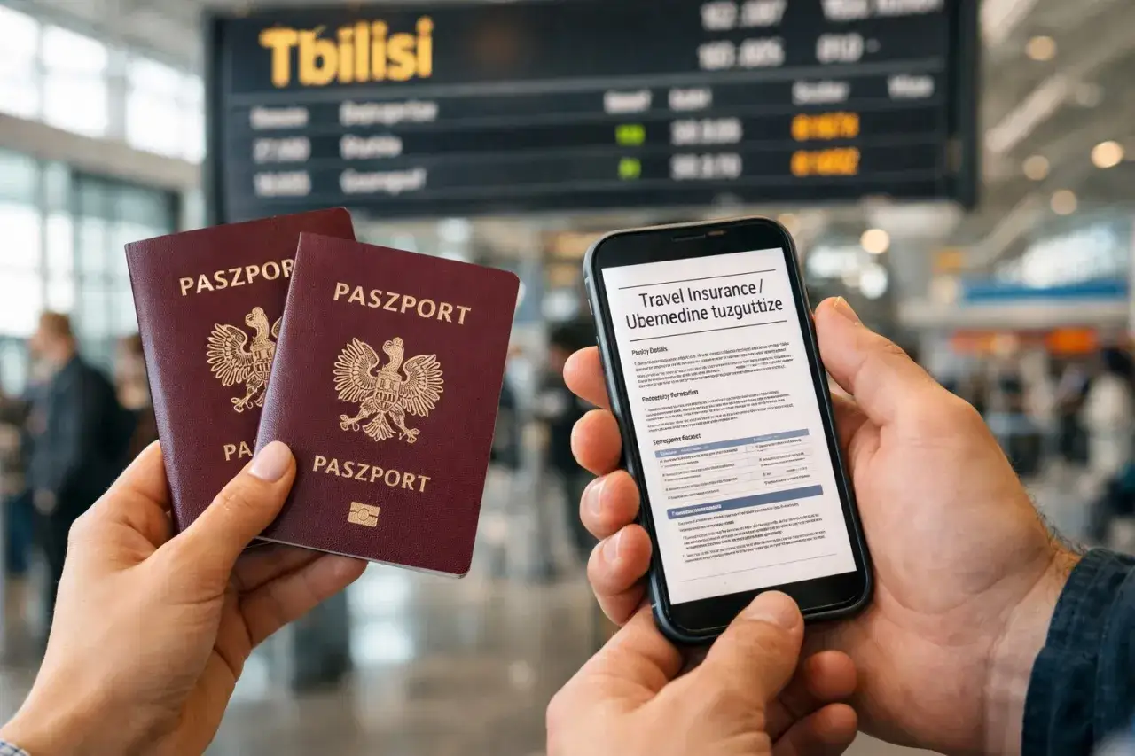 Dwa paszporty i telefon z ubezpieczeniem podróżnym. Czy do Gruzji potrzebny jest paszport? Tak, a dokumenty są gotowe do podróży.