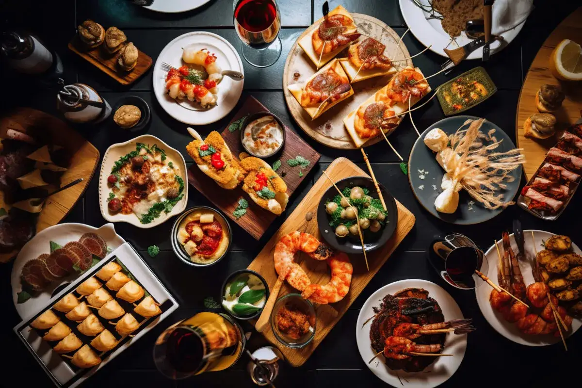 Tapas i dania z owocami morza na stole. Zastanawiasz się, ile kosztuje obiad w Hiszpanii?