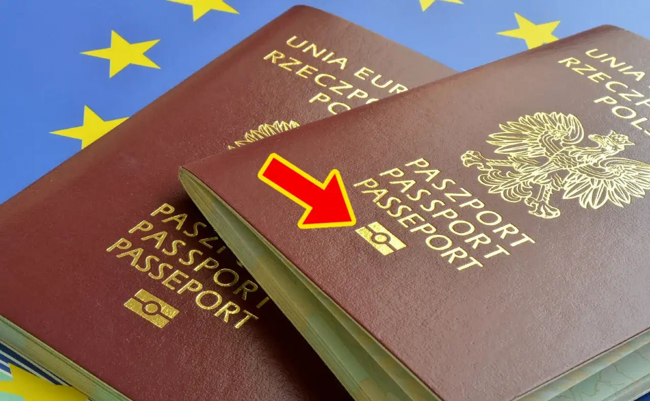 Czerwona strzałka wskazuje symbol na paszporcie, który informuje, czy mój paszport jest biometryczny.