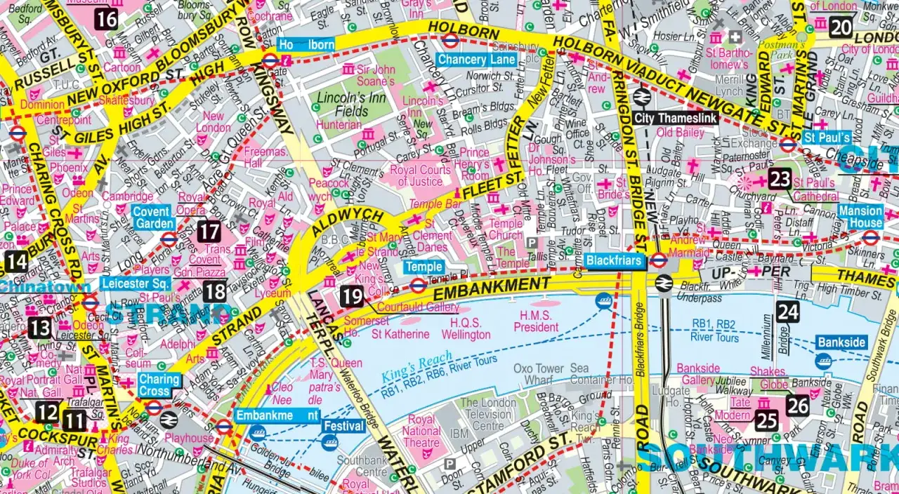 Mapa Londynu z zaznaczonymi dzielnicami: Covent Garden, Strand, Holborn, Aldwych. Widać też rzekę Tamizę i mosty.