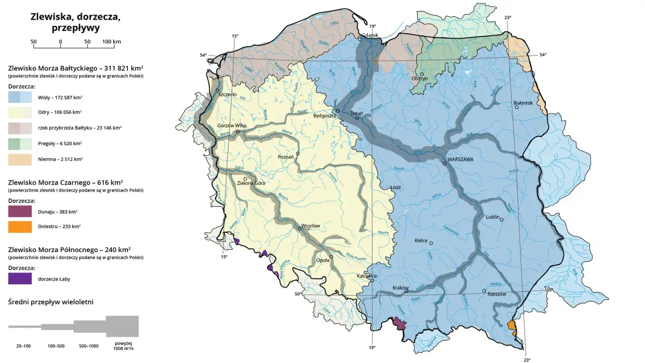 Mapa Polski z zaznaczonymi zlewiskiem Bałtyku, Morza Czarnego i Północnego. Widać główne rzeki: Wisłę, Odrę, Dunaj i Dniestru.