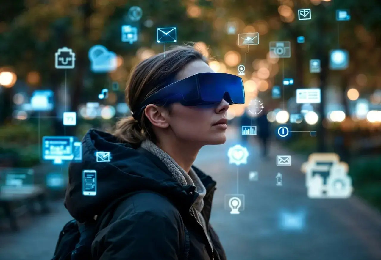 Kobieta w goglach VR widzi cyfrowe ikony, jakby była na mapie możliwości.