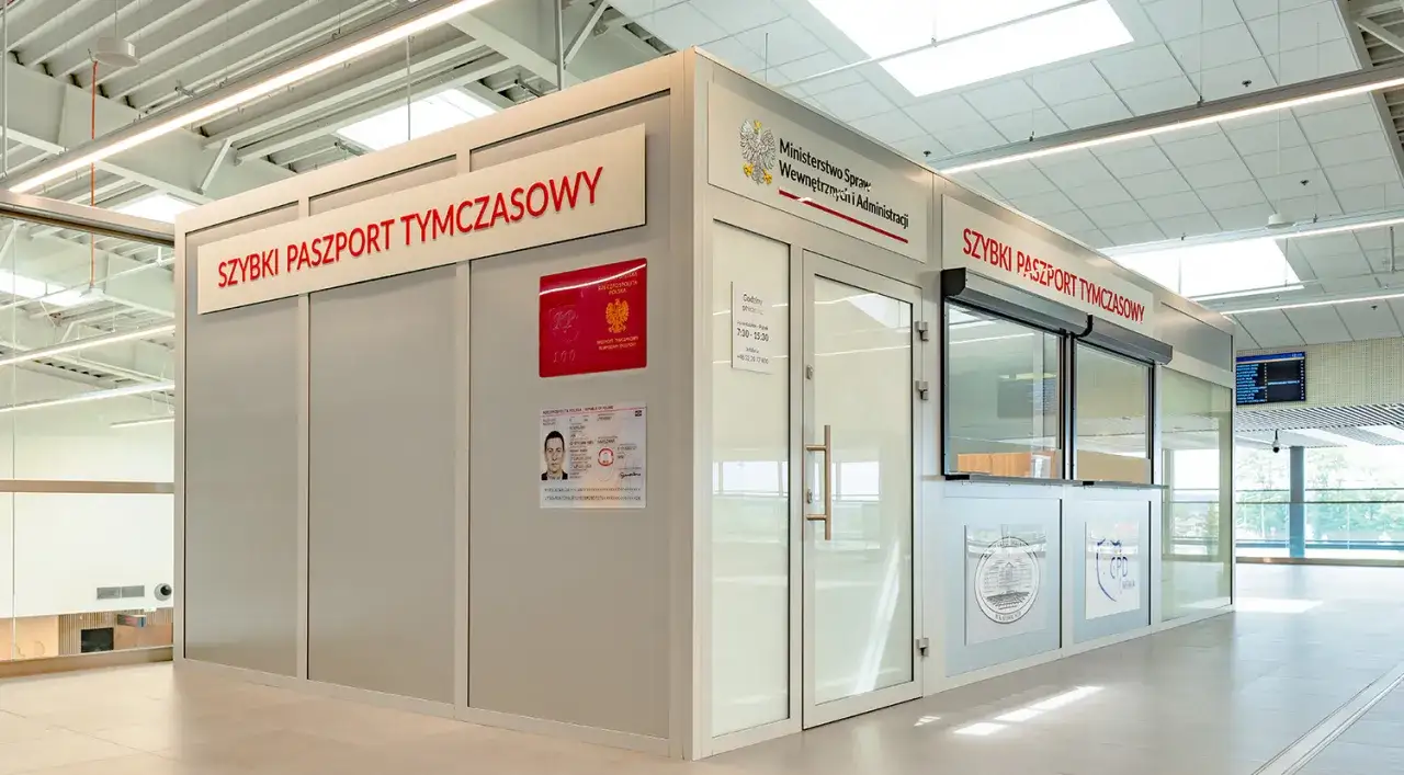 Punkt, gdzie wyrabia się paszport tymczasowy. Widoczny szyld, drzwi i okienko obsługi.