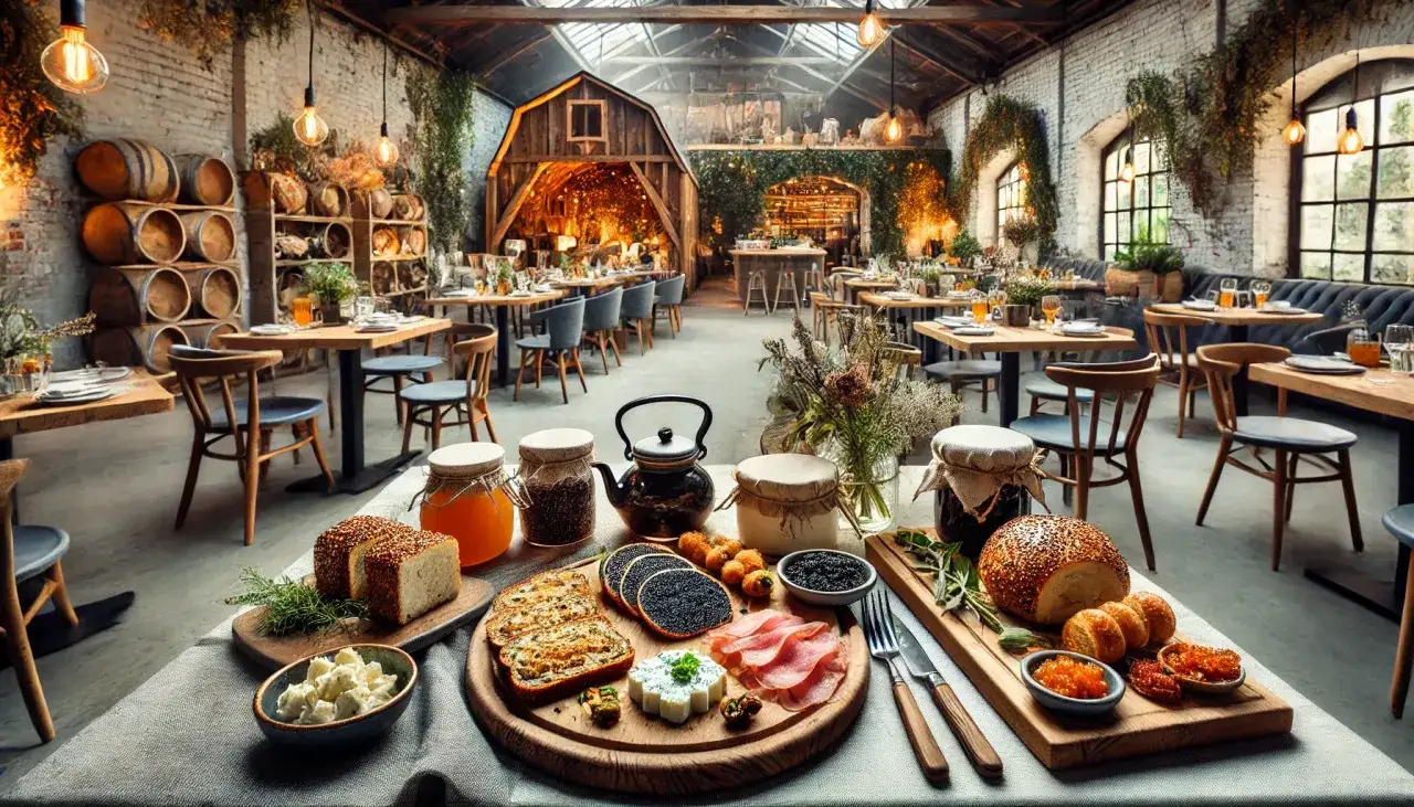 Elegancka restauracja z beczkami i stołami. Na pierwszym planie wykwintne przekąski, które mogą sugerować, ile kosztuje obiad w Szwajcarii.