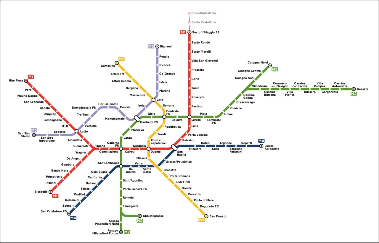 Mapa komunikacji miejskiej Mediolanu: linie metra M1 (czerwona), M2 (zielona), M3 (żółta), M4 (niebieska) i M5 (fioletowa) z nazwami stacji.