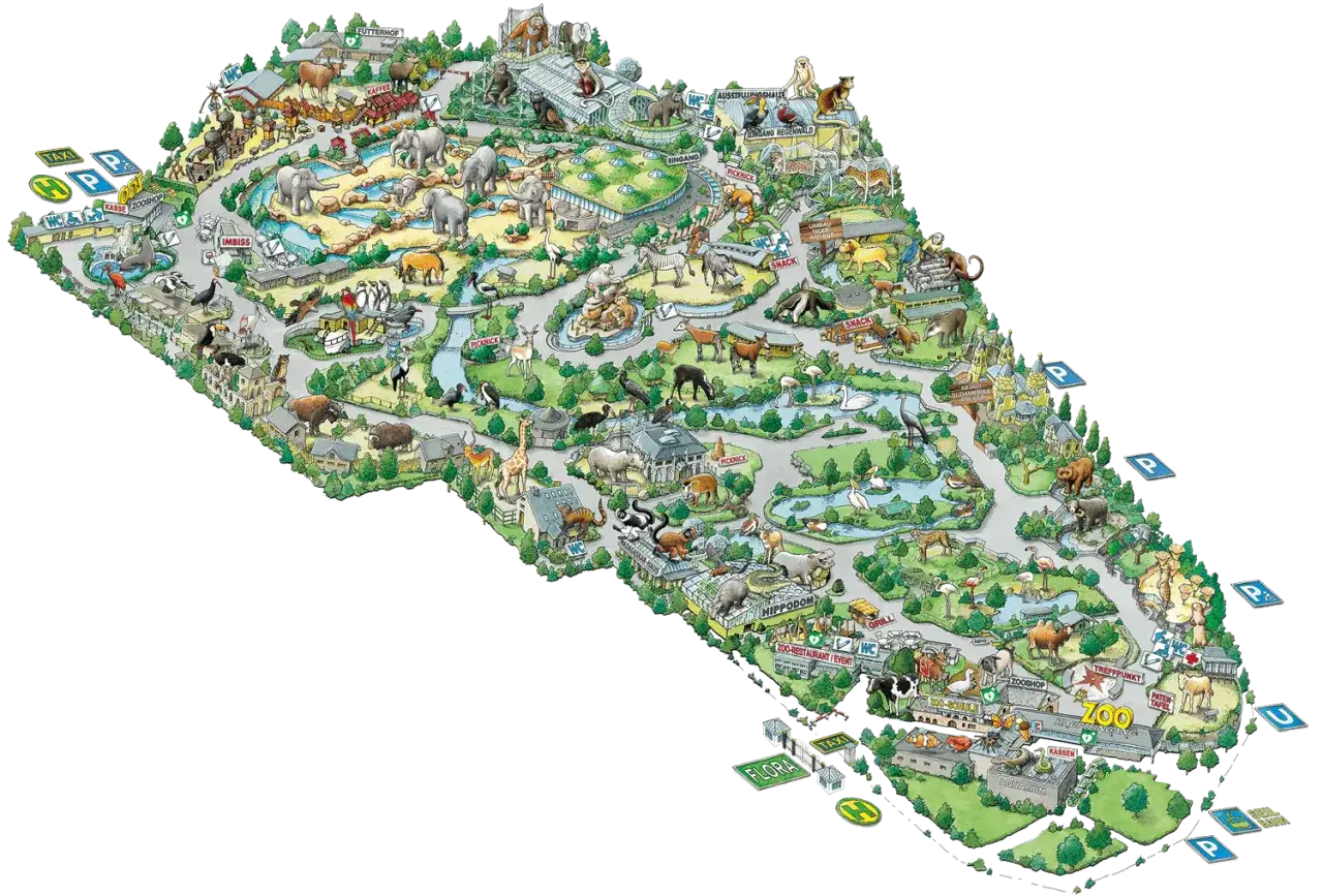 Mapa największego zoo w Europie: słonie, żyrafy, niedźwiedzie, hipopotamy i wiele innych zwierząt. Znajdziesz tu też restauracje, sklepy i place zabaw.