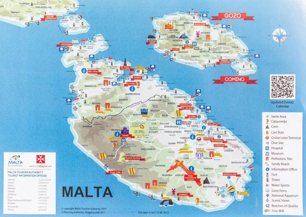 Mapa Malty i Gozo z zaznaczonymi atrakcjami. Planujesz podróż? Sprawdź, czy potrzebujesz malta dowód czy paszport.