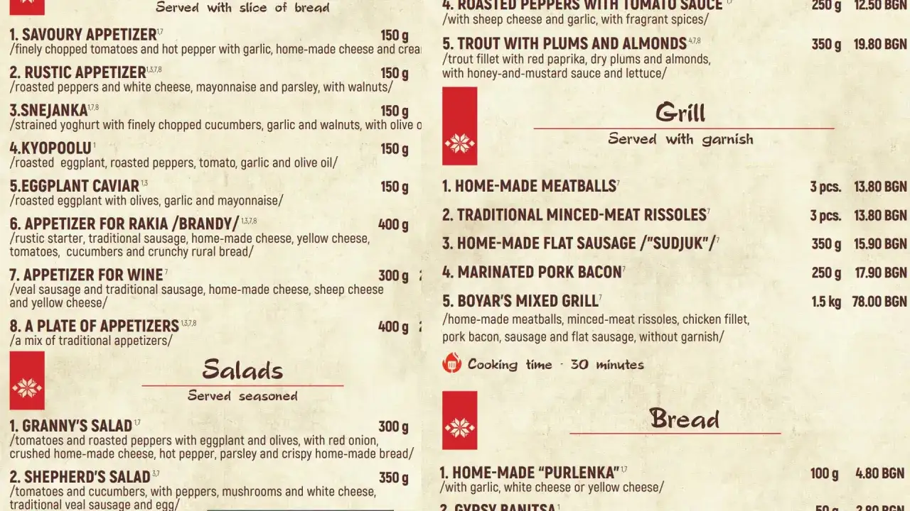 Menu z daniami i cenami w Bułgarii. Przykładowe dania: sałatki, grill, pieczywo. Ceny w BGN.