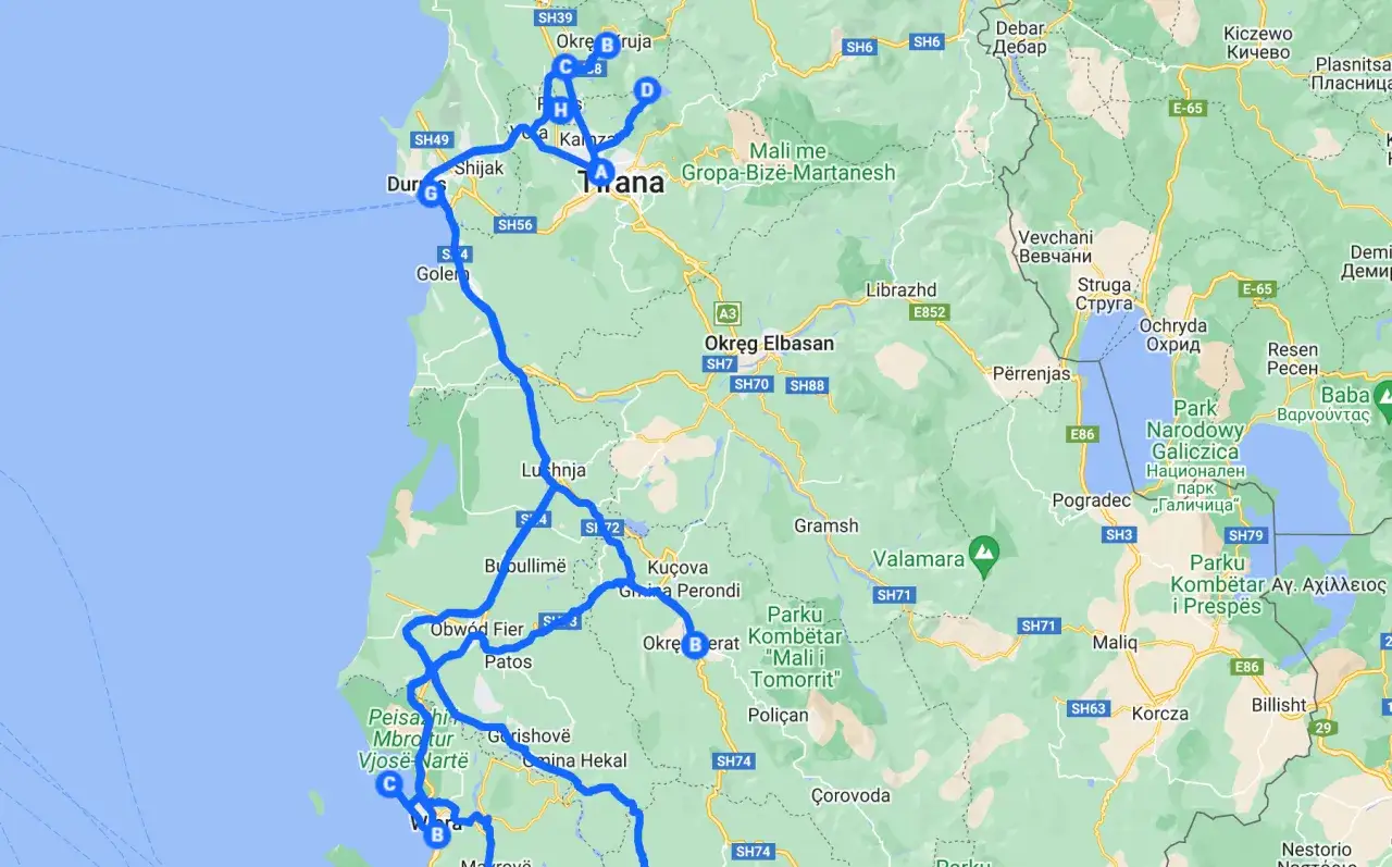 Mapa Albanii z zaznaczoną trasą, pokazująca drogę do Unii Europejskiej.