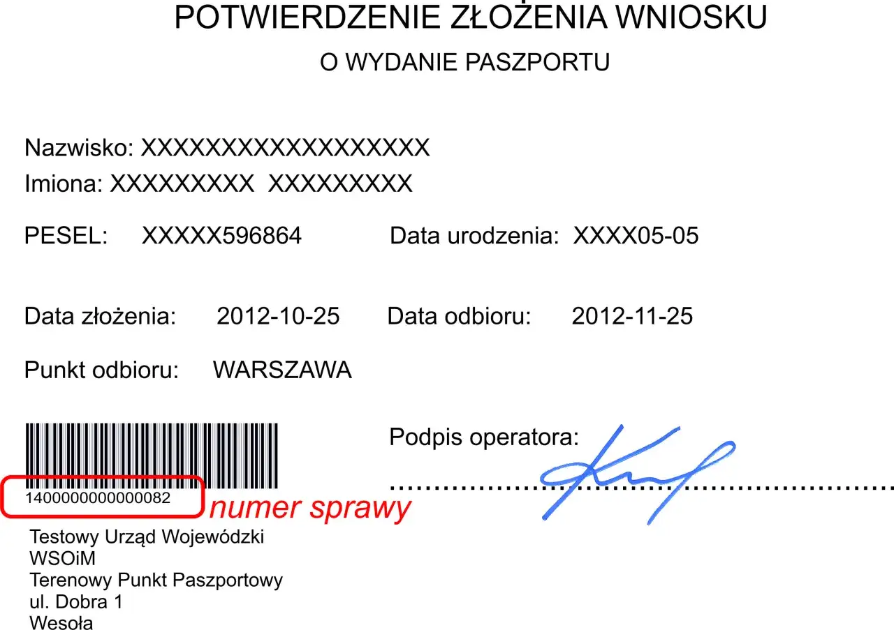 Potwierdzenie złożenia wniosku o wydanie paszportu. Numer sprawy: 140000000000000082. To potwierdzenie nie mówi, ile cyfr ma paszport.