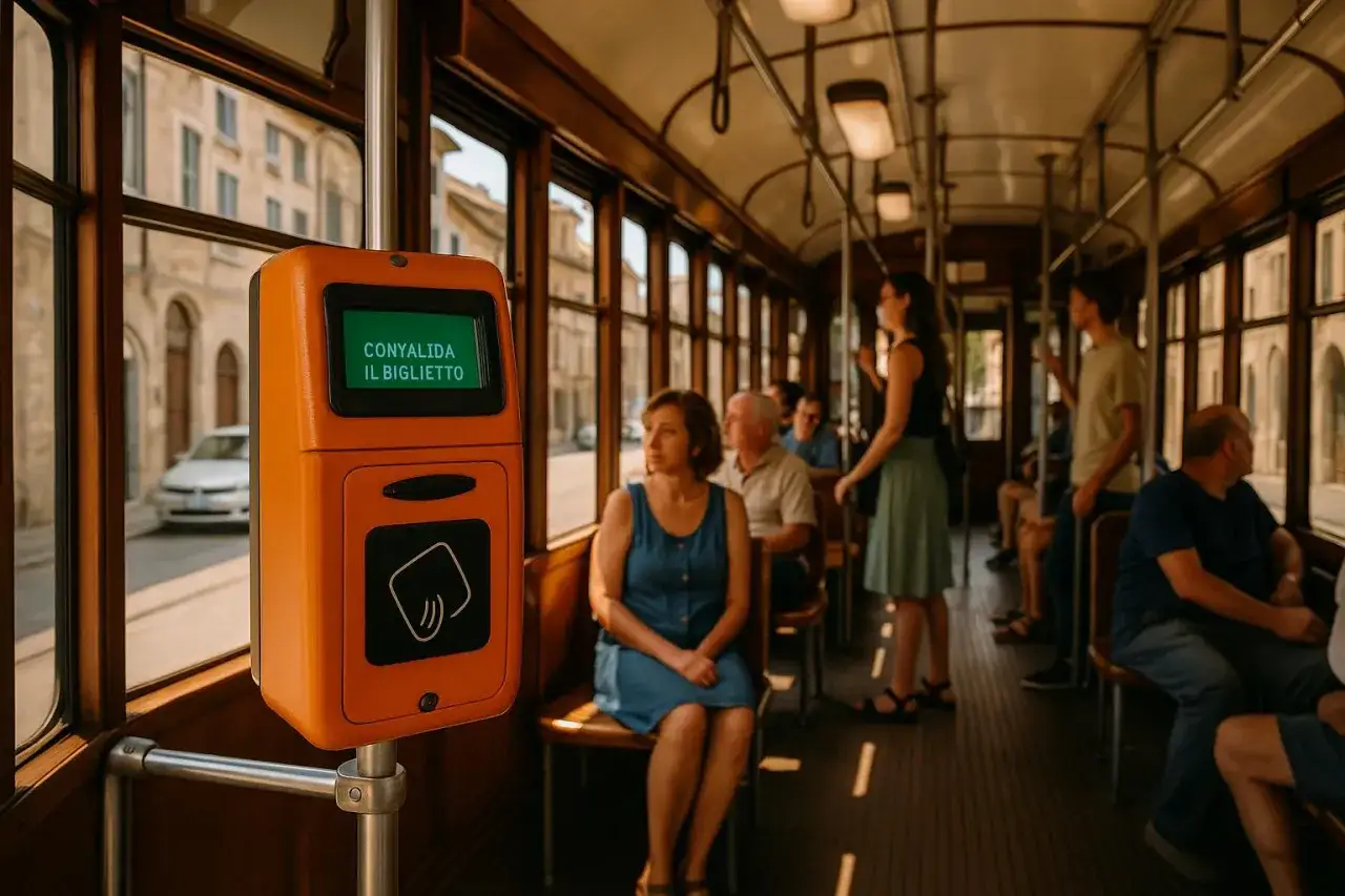 Pomarańczowy kasownik w tramwaju w Mediolanie. Pasażerowie siedzą, gotowi do podróży. Bilety mediolan komunikacja to klucz do zwiedzania miasta.