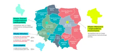 Mapa Polski z zaznaczonymi województwami i ich procentowym udziałem. Widać Poznań, Wrocław i Warszawę.