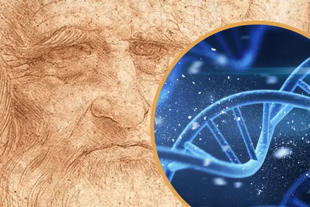 Portret Leonarda da Vinci obok spiralnego DNA. Ciekawe fakty o jego geniuszu i odkryciach.